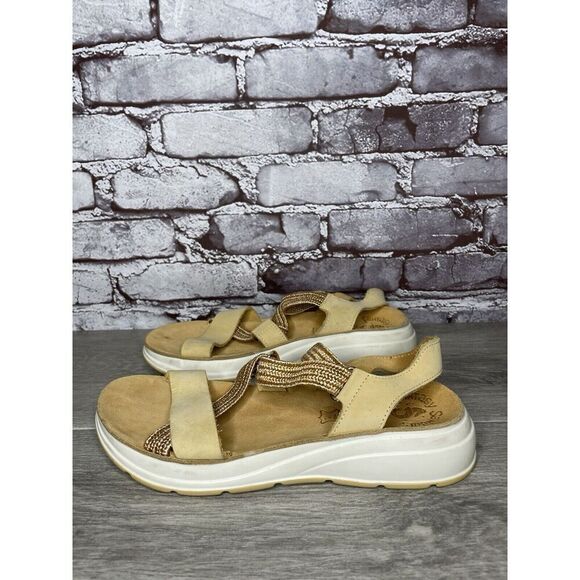 Fantasy Sandals Tan Nubuck Fabric Cross Strap Wedge Flex Sole Women’s 39EU/8.5US - Picture 16 of 16